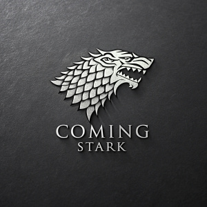 Winterfell logo, Game of Thrones prequel. Stark house emblem in silver metallic, stark background. Text reads COMING STARK.