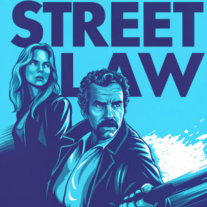 Franco Nero and Barbara Bach starring in 'Street Law.' The poster features bold fonts and dramatic imagery. Franco Nero is center stage, with a serious expression and mustache. Title 'Street Law' in large letters. Action-packed atmosphere
