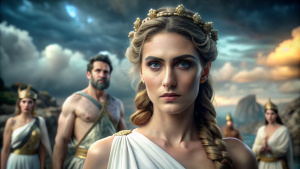 intervención de Hera, la reina de los dioses, y de Atenea hizo que Diomenes regresara a su campamento. Foto realista,RealVisXl, Hiperrealista,4k , perfección en su rostro, rasgo faciales griego, fondo tormentoso.