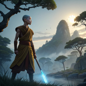 Digital render of Aang, protagonist of 'Avatar: The Last Airbender', glowing with ethereal light. Set against a mystical landscape