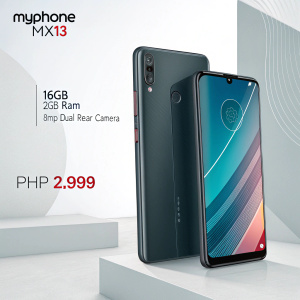 Digital ad showcasing MyPhone myX13 smartphone. Dark exterior, sleek design. Specs: 16GB storage, 2GB RAM, 8MP dual rear camera. Priced at PHP 2,999.