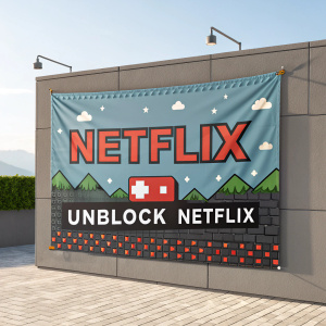Banner with Netflix logo. Pixelated backdrop showcasing Netflix's user interface. Call to action: Unblock Netflix.