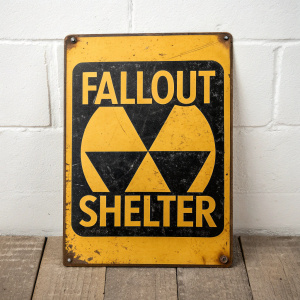Vintage fallout shelter sign, bold yellow and black design. Text reads 'FALLOUT SHELTER'. Simple white background