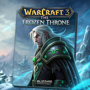 Digital art of a DVD cover for Warcraft 3: The Frozen Throne. Character with pale grey hair, green accents. Blizzard Entertainment logo in the corner. Cool, contrasting color tones.