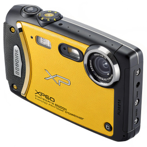 The Fujifilm XP60, a rugged and stylish digital camera. Predominantly yellow with black and silver highlights. Prominent lens on the right side. Durable design, water and shockproof.
