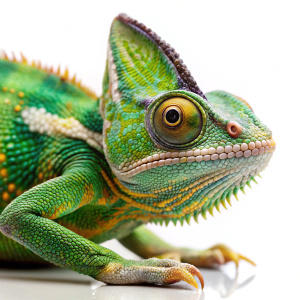 side view of a veiled chameleon, Chamaeleoon white.  on white background