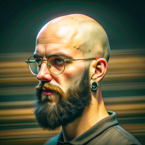 Young-looking Slavic man with an oval-shaped head, high forehead, and completely bald, viewed from the side. He has a dark-blonde gray hair beard and short mustache, small upturned nose, grey-green expressive epicanthus eyes, and medium width lips. He wears modern glasses and a single metallic-colored earring with a blue stone. Rainbow splash background.