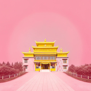 Golden Temple Monastery, located in Gangtok, Sikkim, India, stands as a testament to Tibetan architecture. It features intricate details, vibrant colors, and multiple levels with golden accents. The entrance is marked by colorful railings and a mural showcasing cultural stories. A paved pathway lined with lush vegetation leads to the temple.