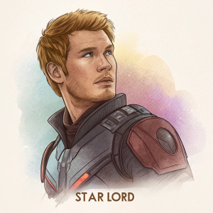 Concept art for a male character in the Star Lord series. Blonde hair, youthful face, dynamic poses, wearing futuristic armor. Text 'STAR LORD' at bottom. Sketchy style with color palette guide.