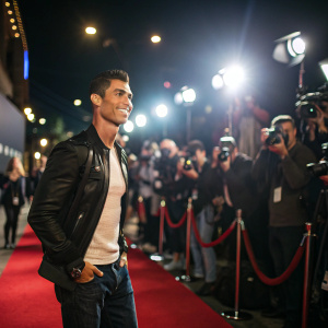 Cristiano Ronaldo, in casual attire, posing on a bustling red carpet event. Bright lights and paparazzi in the background.