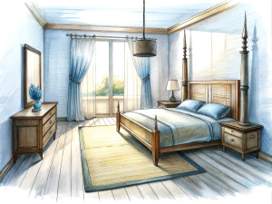 a sketch of a modern style
 bedroom in pencil