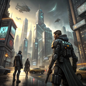 Promotional image for Deus Ex: Mankind Divided. Futuristic cityscape. Characters in combat gear. Muted colors: grays, blacks, and metallic tones.