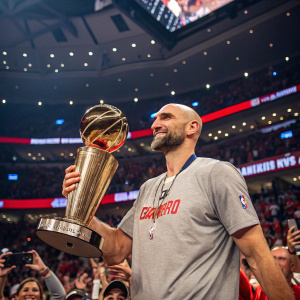 Marcin Gortat, NBA player, posing with a trophy. Celebratory background, arena filled with cheering fans.