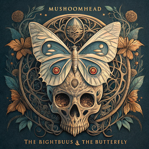 Digital art for 'The Righteous & The Butterfly' album by Mushroomhead. Featuring intricate butterfly motifs and skeletal elements in a dark, muted color scheme.