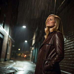 Laura Linney, starring in Law & Order, as Martha Bowen. Wearing a brown leather jacket. In a dark alley at night, rain pouring down.