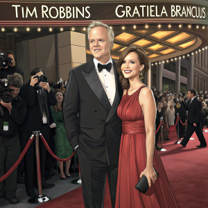 Tim Robbins and Gratiela Brancusi, dressed in formal attire, at the bustling Hollywood premiere of 'Dark Waters'.