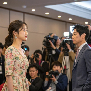 Press conference for the web drama 'I Order You'. Kim Ga-Eun, elegant in a floral dress, and U-Know, in a sharp suit. Crowded room, flashes of cameras