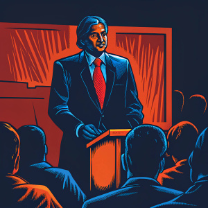 Aditya Puri, Managing Director of HDFC Bank, addressing a crowd. Dark suit, red tie, standing in front of HDFC Bank signage