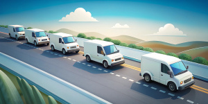 several white mini truck cars are driving one after the other on the 2d road