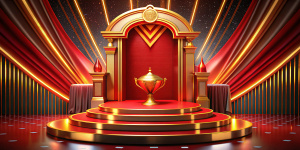 Elegant Looking Trophy Podium on stage Red Golden Award Background Luxury Premium Graphics Throne Sitting Style Royal Kingdom Prince Style Product Display with Light Effects Modern Graphics
