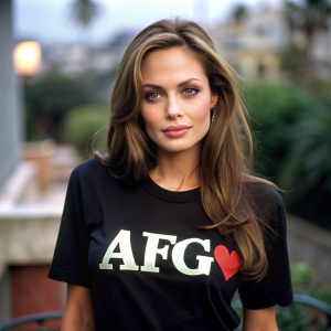 angelina jolie is in the 80s wearing a black shirt with "AFG i love" written on it