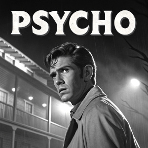 Anthony Perkins and Tuesday Weld starring in 'Psycho'. Black and white movie poster, with dramatic shadows and text in bold font.