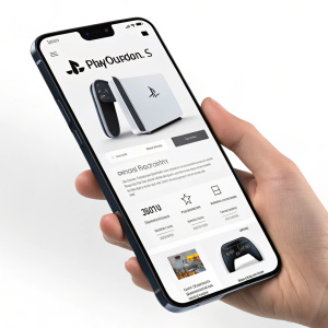 Mockup of PlayStation 5 website featuring a clean, minimalist design in shades of black and white. Includes sections for awards, wireless capabilities, camera tech, and detailed specs. User-friendly layout with a futuristic, tech-savvy vibe.