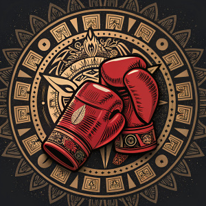 Mictlan Boxing logo design. Bold red boxing gloves against dark background, with intricate Aztec patterns surrounding.