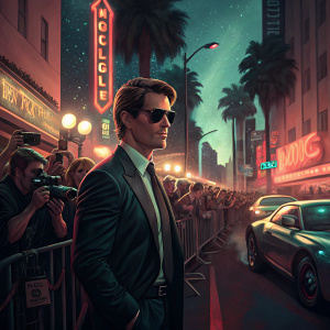Tom Cruise, in a dark suit and sunglasses, attending the 'Collateral' film premiere. Crowded street in Los Angeles, neon lights