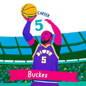 Jevon Carter mid-game, intense focus, purple jersey with number 5. Bucks logo. Indoor arena with cheering crowd.