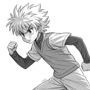A dynamic sketch of Killua Zoldyck, from the anime Hunter x Hunter. In black and white, he is shown in a fierce fighting stance. The artwork emphasizes his determination and athleticism, despite the simplicity of the line art. Tousled hair and intense gaze captured with precision.