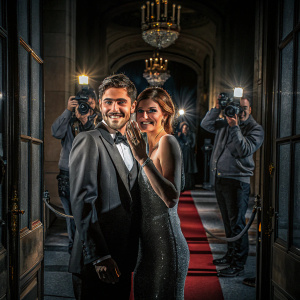 Zac Efron and Alexandra Daddario at the Met Gala. Zac in a classic tuxedo, Alexandra in a shimmering gown. They are posing in front of a celebrity photographer.