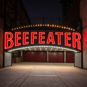 A neon sign for Beefeater. Bold red letters against a black backdrop. Vibrant and eye-catching.