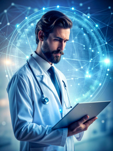  Medical technology, innovation health and medical research, healthcare and medicine concept. Doctor or technician working with AI data analysis, lab experiment, data science