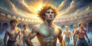 Ancient Greece. Stadium in Athens. Realistic cute shirtless slender young guys with blond wavy hair wearing short perizoma, at full height, are competing in running in Olympic Games on a sunny afternoon.