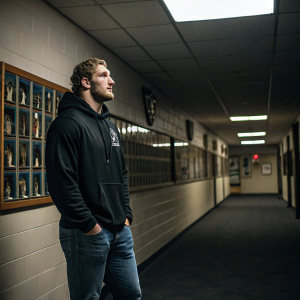 Joey Bosa, wearing a black hoodie and jeans, stands alone in a quiet, dimly lit room. The walls are lined with awards and trophies.