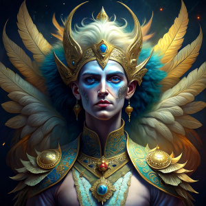 A d&d malecleric, gender fluid, very pale, wearing a golden armor and a mantle made of peacock feathers, wearing strong makeup