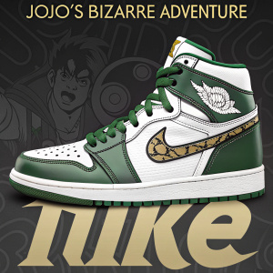 JoJo's Bizarre Adventure and Nike team up for exclusive sneaker design. The shoe features green and white color scheme inspired by Jotaro Kujo, set against dark background with repeating text elements. The sneaker design includes iconic JoJo's Bizarre Adventure details and the Nike logo is prominently displayed.