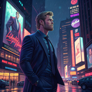 Chris Hemsworth in a sleek navy suit, standing in front of Times Square. Neon lights and billboards in the background