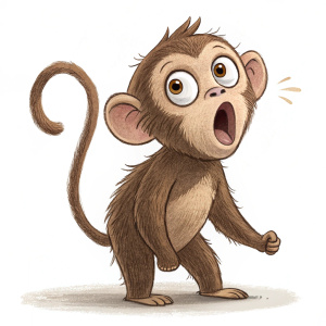 A simple sketch of a surprised monkey. Brown fur, big eyes, standing upright with tail raised. Minimal color palette.