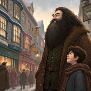 Hagrid, with his characteristic bushy beard, stands alongside a young boy with a serene and curious expression. The scene takes place in a bustling wizarding alley, surrounded by magical shops and a crowd of wizards and witches.