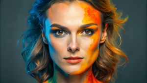 blue and orange paint on the face of a Keira Knightley, in the style of vray tracing, fluid forms, hyper-realistic details, color splash, dark green and red, polished metamorphosis, photo-realistic techniques --ar 71:128 --stylize 750 --v 5.2 