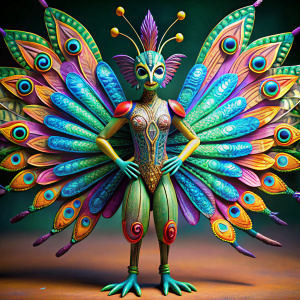 Alebrije con cuerpo de pavo real, cabeza y alas de libélula y brazos humanos 
