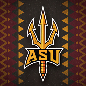 Stylized logo for Arizona State University featuring sharp angular lines, central motif of a spear or blade, script font with a tribal and traditional feel, dark textured pattern with gradient colors and subtle variations.