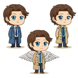 Cartoony illustrations of Castiel from Supernatural. Different outfits, same blue eyes and hair. Simple poses, clean background