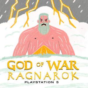 A poster for 'God of War: Ragnarok' launching on PlayStation 5. Warrior with a stern, weathered face. Dark, stormy sky filled with flashing lightning.