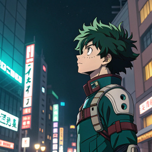 Izuku Midoriya from My Hero Academia, determined face, green spiky hair, standing in front of a neon-lit cityscape at night. Digital artwork