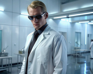 Actor Joel Kinnaman as Albert Wesker from Resident Evil, (scientist white coat outfit:1.4), (dressed in white coat), wearing black sunglasses, white laboratory on the background, cinematic, (masterpiece:1.1), best quality, ultra high detail, extremely intricate, extreme detail, raytracing, reflections, beautiful lighting, (harsh lighting:1.1), (High Saturation, deep levels, sharp, retouched, color graded:1.1), cold lighting, cinematic,sharp focus