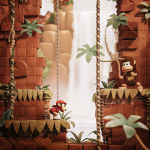 Donkey Kong and Diddy Kong in a vibrant, pixel-art jungle level from Donkey Kong Country Returns. Numerous obstacles and enemies scattered throughout the scene.