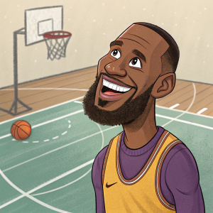 LeBron James, cartoon style, broad smile, goatee. Background is a basketball court.